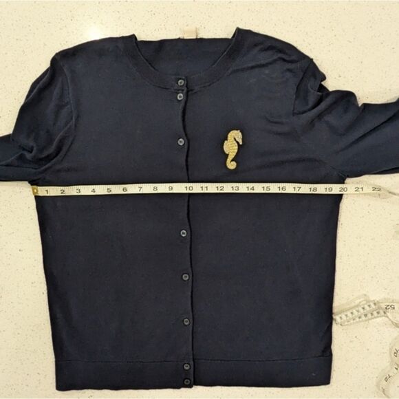 J.Crew The Caryn Cardigan Sweater Cotton Navy Blue Button Front Seahorse L/XL - Picture 3 of 9